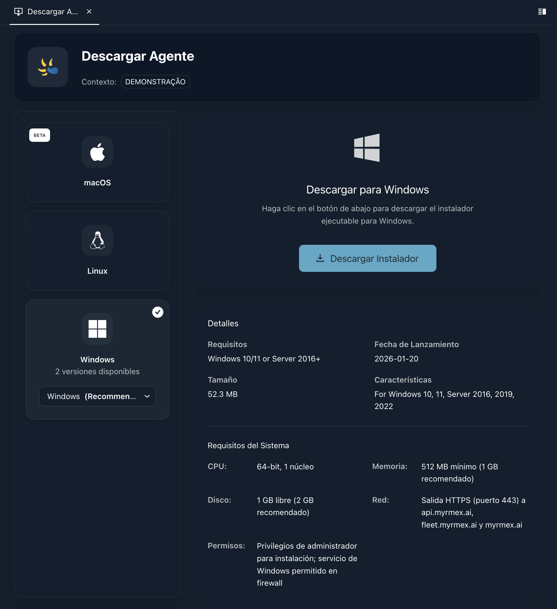 Pantalla de Descarga del Agente