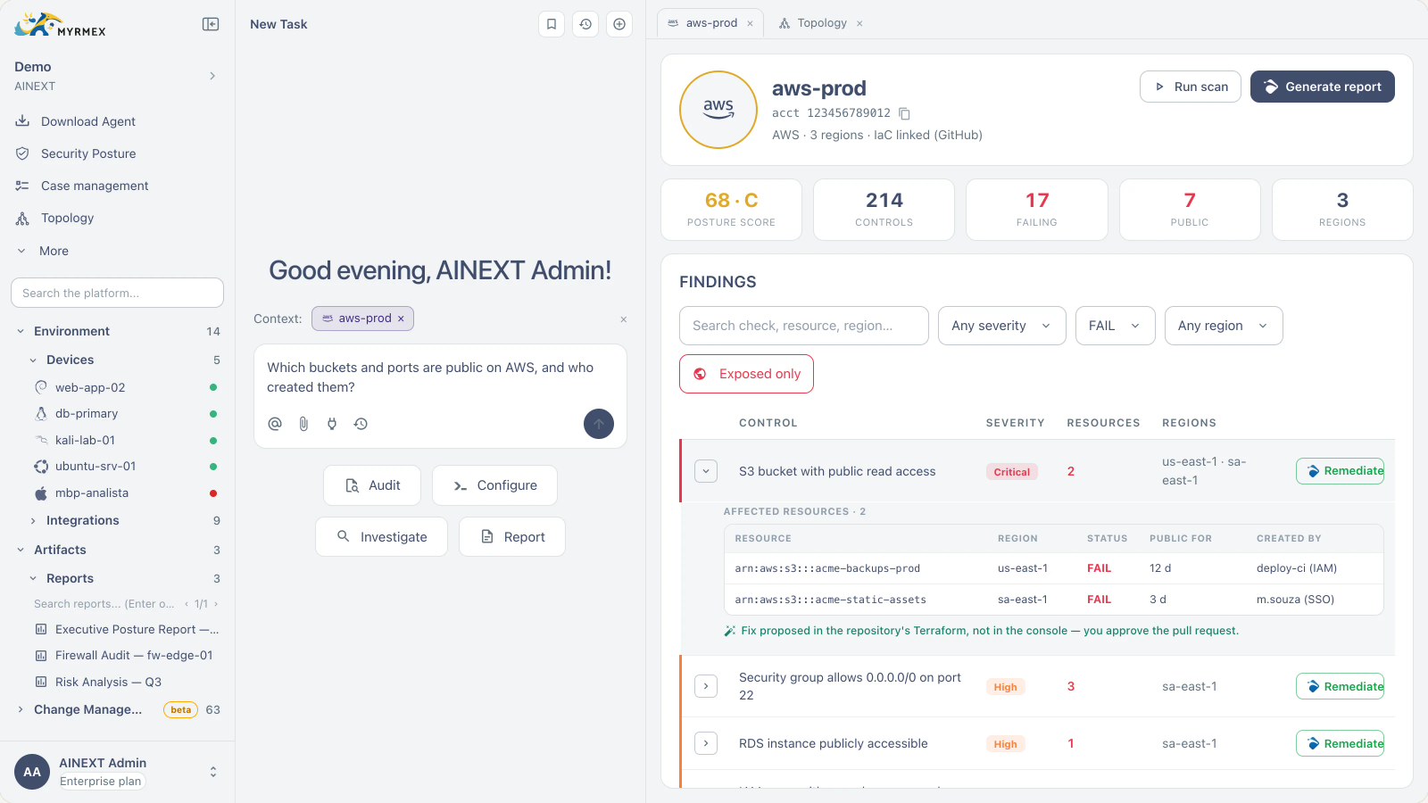 Findings by control, affected resources and the fix proposed as a pull request Findings for an AWS account in Myrmex, with the fix proposed in the repository's Terraform