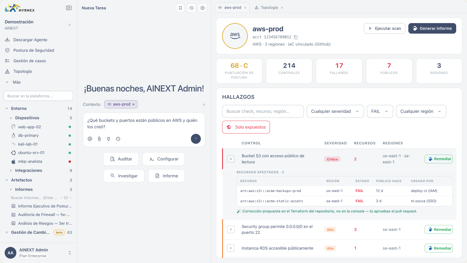 Hallazgos por control, recursos afectados y la corrección propuesta como pull request Hallazgos de una cuenta AWS en Myrmex, con la corrección propuesta en el Terraform del repositorio