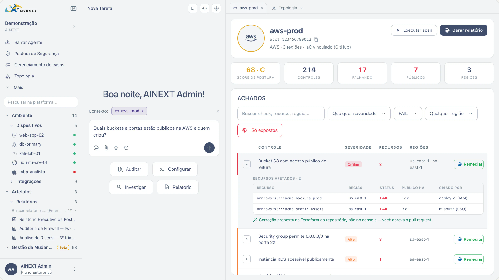Achados por controle, recursos afetados e a correção proposta como pull request Achados de uma conta AWS no Myrmex, com a correção proposta no Terraform do repositório