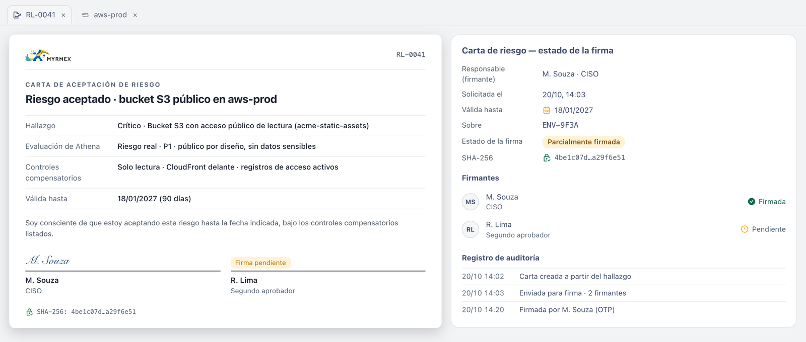 La carta registra quién asumió el riesgo, por qué, con qué controles y hasta cuándo Carta de aceptación de riesgo en Myrmex, con la evaluación de Athena, los controles compensatorios, la validez de 90 días y el estado de las firmas