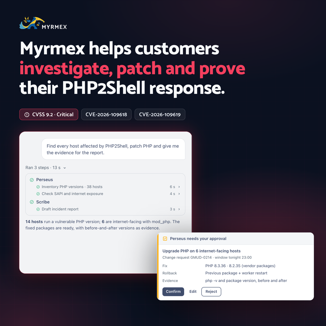 PHP2Shell response in Myrmex: the request, the agents' steps and the approval card for the fix