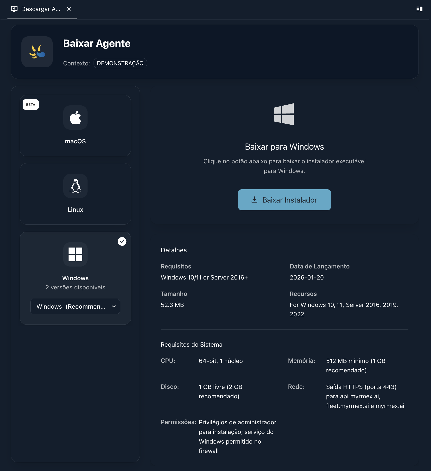 Tela de Download do Agente